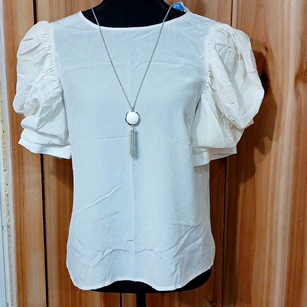 Zara Cream Ruched Puff Sleeve Blouse